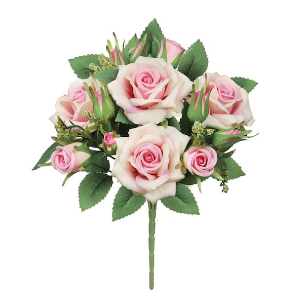 LIVING LUXURY 13 in. Petite Pink Ivory Artificial Tea Rose Flower Stem Bush Bouquet (Set of 4)