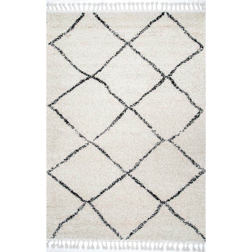 Off-White and Black Synthetic Shag Rectangular Area Rug 10' x 14'