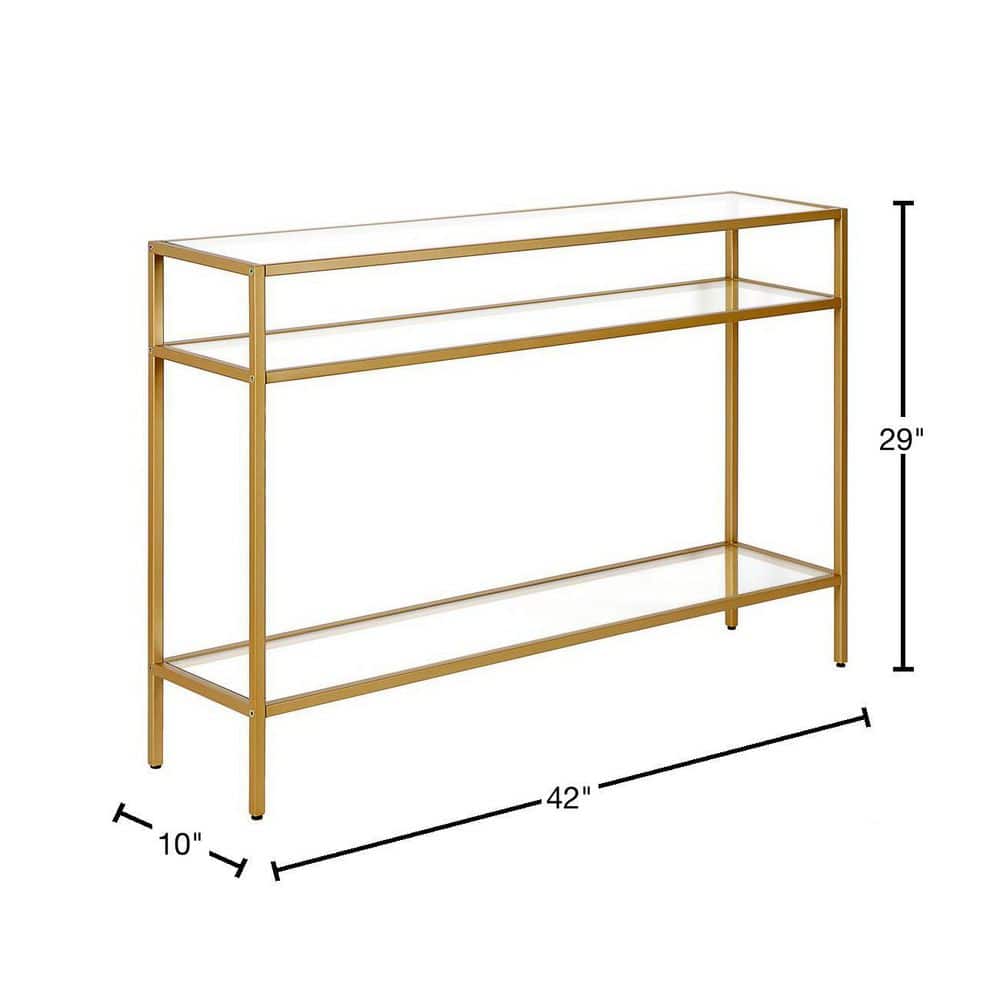 Siviline Brass Finish Steel Frame Console Table with Glass Shelves