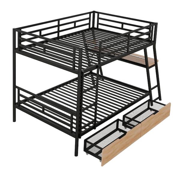 Polibi Black Full Size Metal Bunk Bed with Built-in Desk, Light and 2-Drawers
