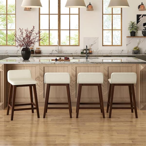 Counter Height 24 in. Brown Low-Back Wood High-Top Bar Stools w/ Padded Seat & Backrest Set of 4