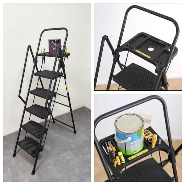 5-Step Steel Folding Step Ladder (10 ft. Reach), 500 lb. Load Capacity, with Anti Slip Wide Pedals and Tool Tray