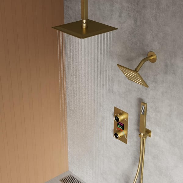 Single Handles 3-Spray Ceiling Mount 12 and 6 in. Shower Head Shower Faucet with Anti Scald in. Brushed Gold