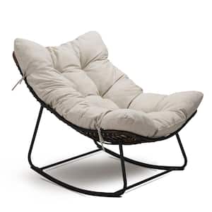1-Piece Metal Rattan Rope Club Outdoor Rocking Chair with Upholstery and Beige Cushion