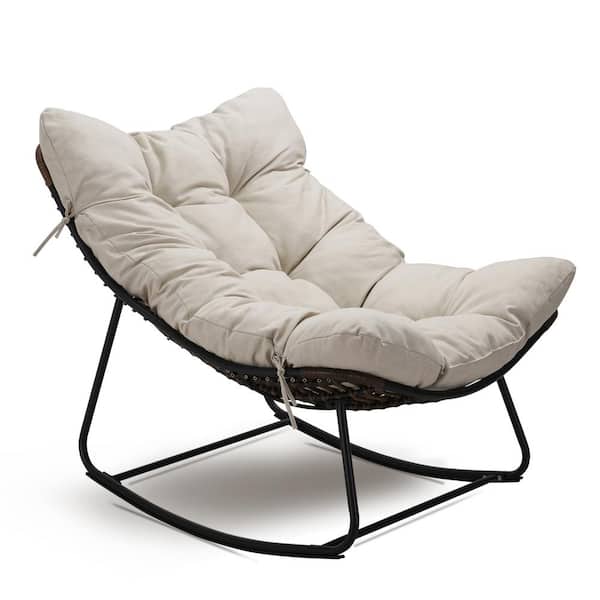 Unbranded 1-Piece Metal Rattan Rope Club Outdoor Rocking Chair with Upholstery and Beige Cushion