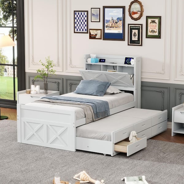 Noble House Tower White Wood Frame Twin Size Platform Bed with Storage Headboard, Charging Station, 3 Drawers, Trundle