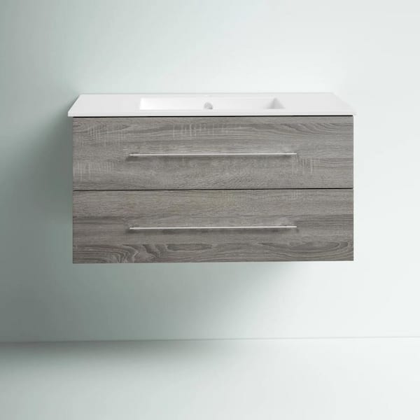 Kato 36 in. W x 19 in. D x 20 in. H Single Sink Wall Bathroom Vanity in Dorato with Cultured Marble Top in White