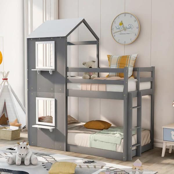 Grey Twin over Twin Bunk Bed Wood Bed with Roof, Window, Guardrail