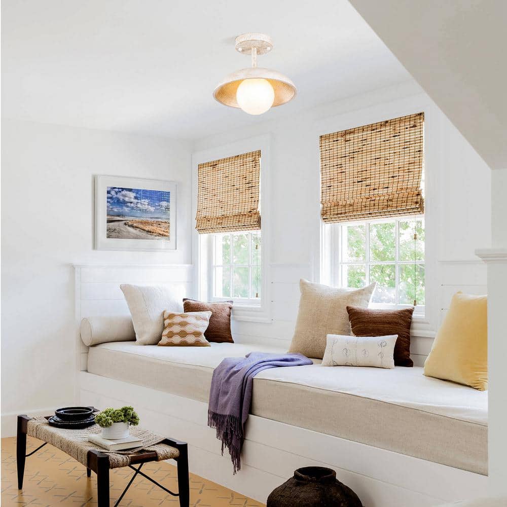 White Glass and Wood Farmhouse Semi-Flush Mount Light