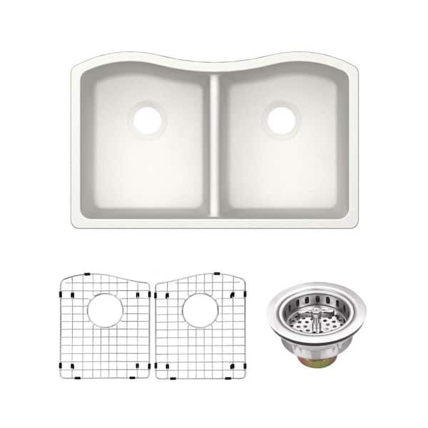 33 in. Undermount Double Bowl 50/50 qt. Kitchen Sink in White with Accessories