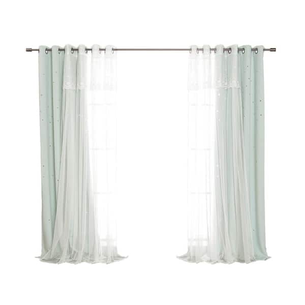 Best Home Fashion 52 in. W x 84 in. L Dimanche Tulle Sheers and Star Cutout Blackout Curtains in Mint