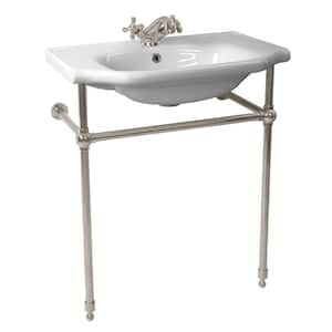 Yeni Klasik Ceramic Console Bathroom Sink in White with Satin Nickel Stand