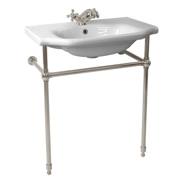 Nameeks Yeni Klasik Ceramic Console Bathroom Sink in White with Satin Nickel Stand