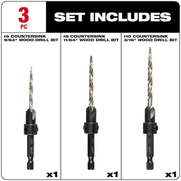 Milwaukee #6/#8/#10 Wood Countersink Drill Bit Set (3-Piece) 48-13-5003 -  The Home Depot