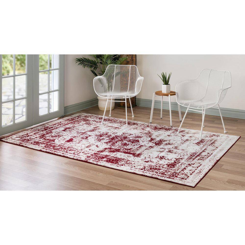 Burgundy and Tan Low Pile Synthetic Area Rug