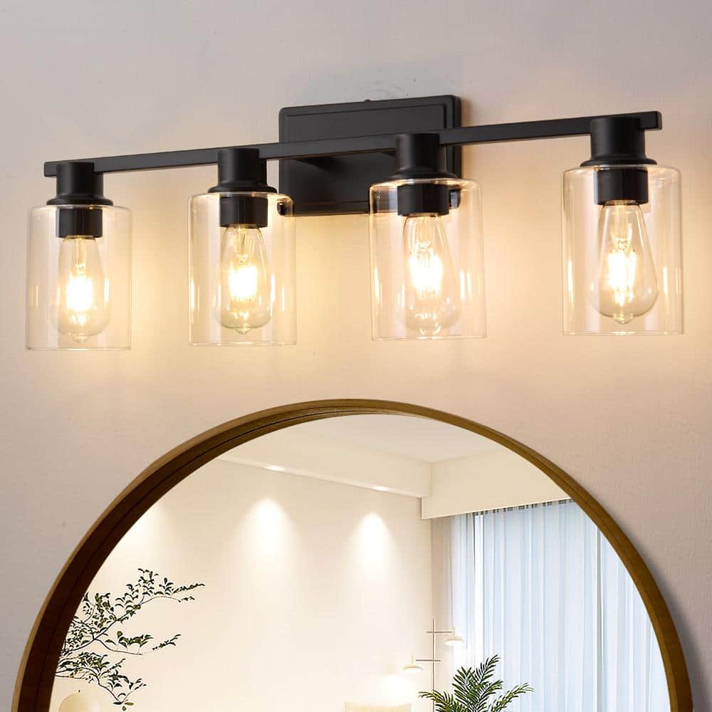 Farmhouse 27.36 in. 4-Light Black Modern Industrial Indoor Vanity Light with Clear Glass Shades, Bulbs Not Included price history on PriceWatchPro