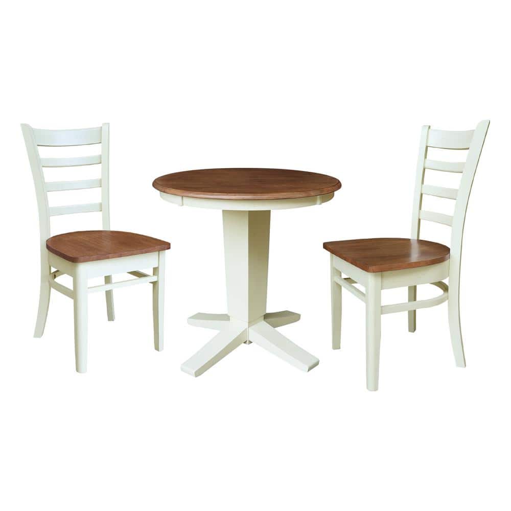 Aria Hickory/Shell Solid Wood 30 in Round Top Pedestal Dining Table Set with 2 Emily Chairs, Seats 2