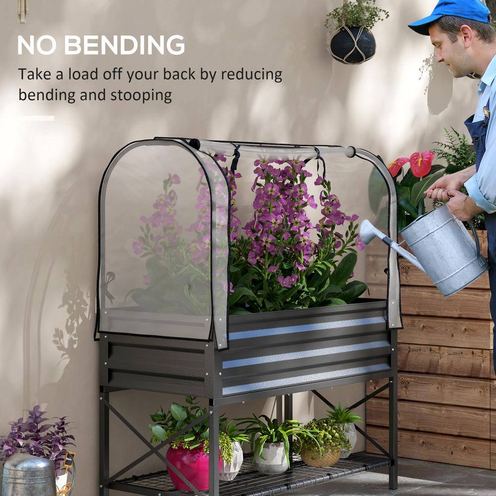 Black Metal Raised Garden Bed with Cover and Storage Shelf