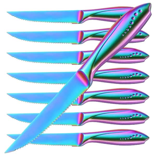 Rainbow PVD Titanium Coated Serrated Steak Knife 8-Piece Set, German DIN 1.4116 High Carbon Steel Set