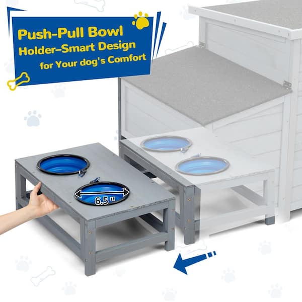 COZIWOW 2-in-1 Outdoor Wood Dog House with Feeding Bowls, Large