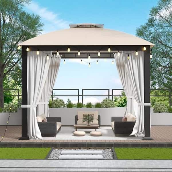 Zeus & Ruta 10 ft. x 12 ft. Beige Metal Gazebo with Mosquito Net and Heavy Duty Double Roof Canopy for Gardens, Patio, Backyard