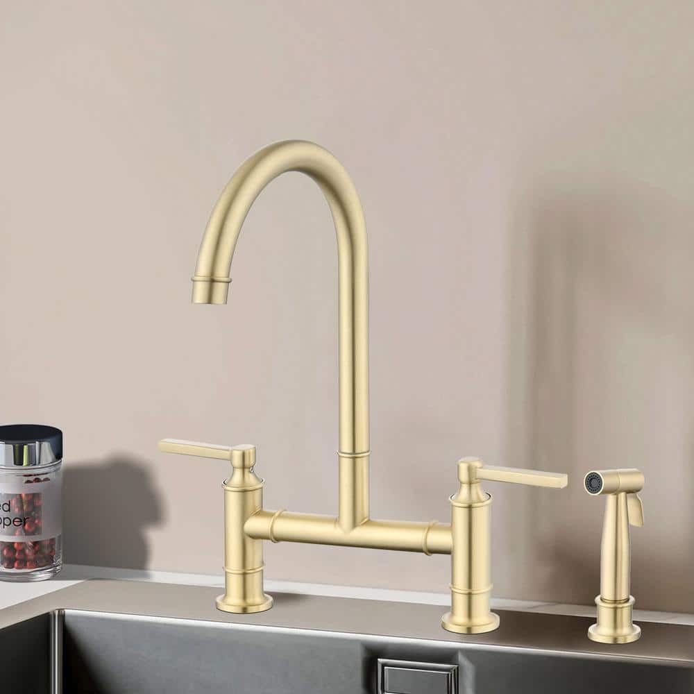 Brushed Gold Stainless Steel Double Handle Bridge Kitchen Faucet