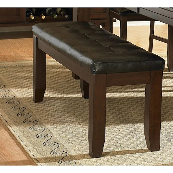 Benjara Dark Brown 16 in. Wood and Bi Cast Vinyl Bench with Tufted Seat