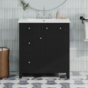 30.24 in. W x 18.58 in. D x 33.82 in. H Single Sink Freestanding Bath Vanity in Black with White Ceramic Top and Storage