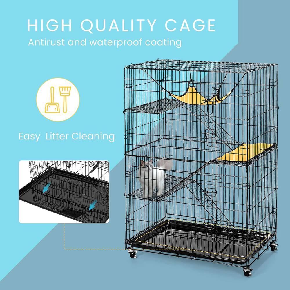 49-Inch Black Metal 4-Tier Cat Cage with Hammock and Ramps