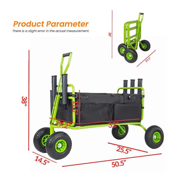 3 cu.ft.Green Heavy Duty Collapsible Garden Cart with Rod Holders
