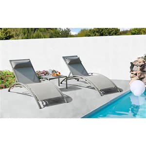 3 Pieces Gray Metal Outdoor Chaise Lounge, Adjustable Aluminum Lounge Chairs with Metal Side Table for Deck and Poolside