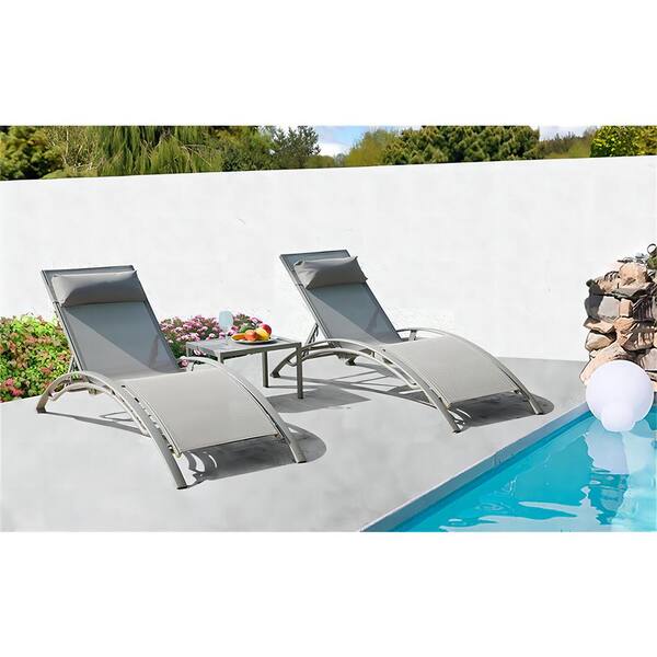 Otryad 3 Pieces Gray Metal Outdoor Chaise Lounge, Adjustable Aluminum Lounge Chairs with Metal Side Table for Deck and Poolside