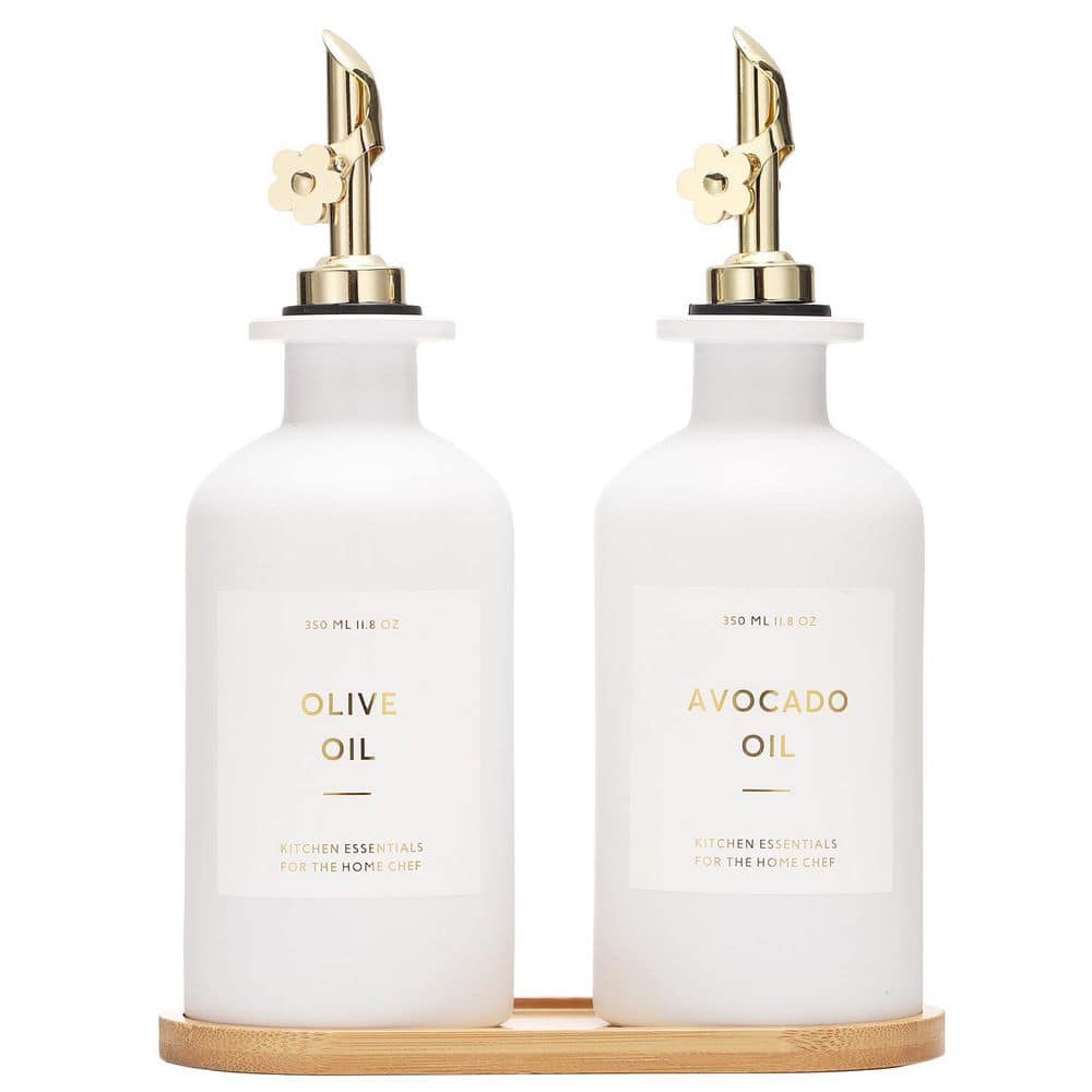 JFVKAF 11.8 oz. Glass White Oil and Vinegar Dispenser Bottle Gold Stainless Steel Spout Kitchen Cruet Set 2-Pack SA1129E794