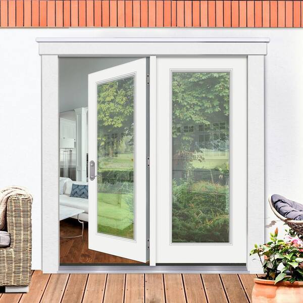 MMI DOOR 68-in x 80-in Low-e Grilles Between The Glass Primed Fiberglass  Center-hinged Right-Hand Inswing Double Patio Door Brickmould Included in  the Patio Doors department at