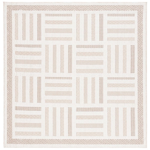 Global 7 ft. x 7 ft. Ivory/Beige High-Low Geometric Grid Square Area Rug