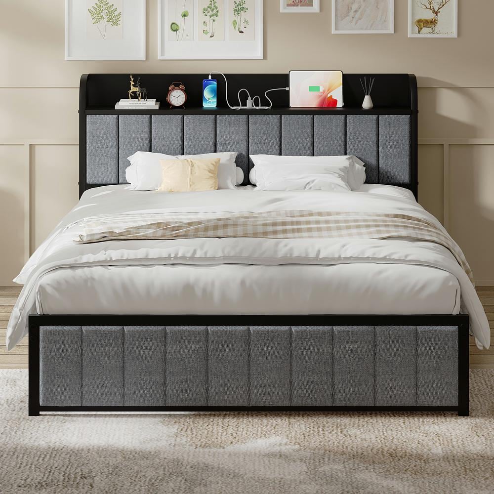 VECELO Bed Frame, Gray Metal Frame Queen Platform Bed Upholstered ...