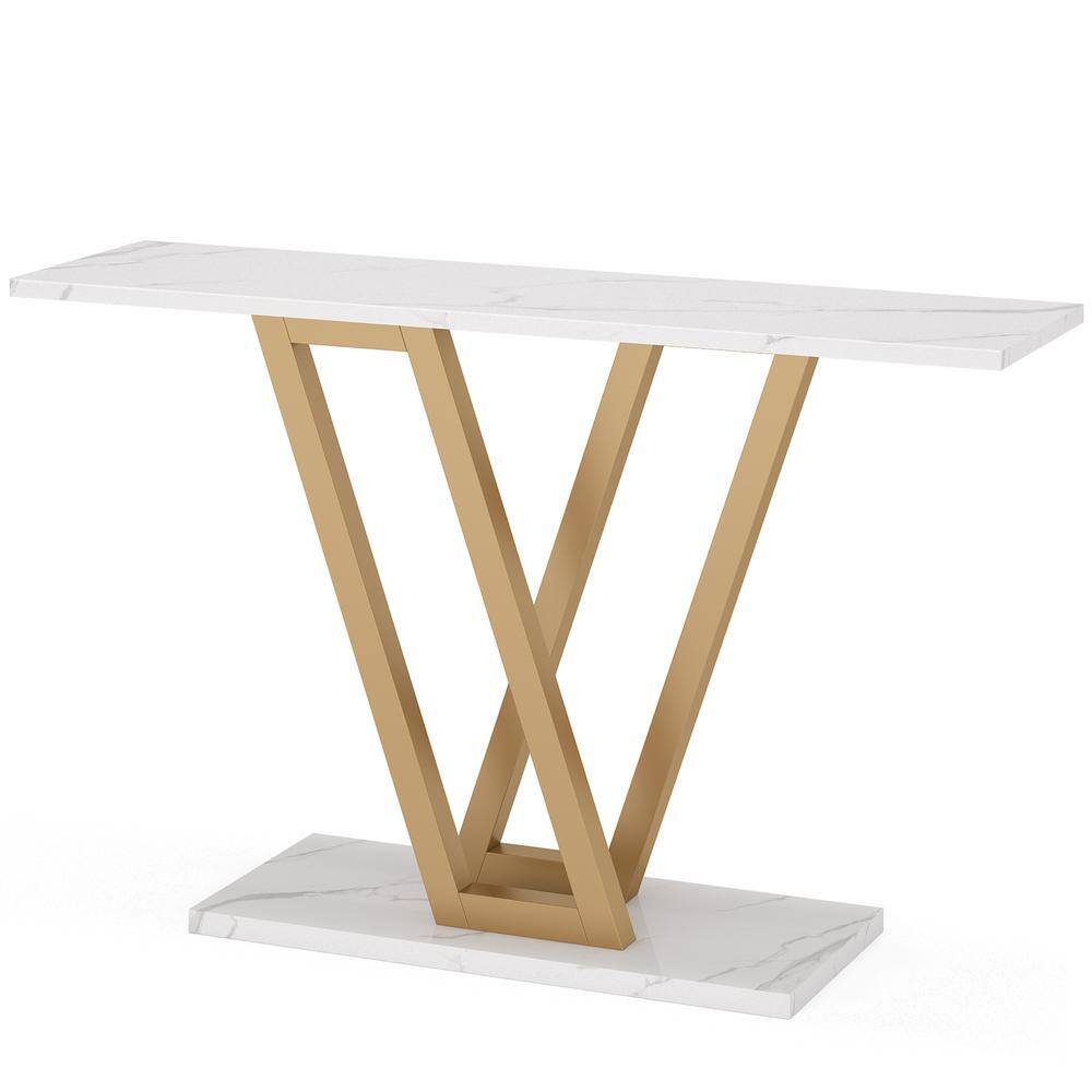 Gold and White Faux Marble Console Table with V-Legs