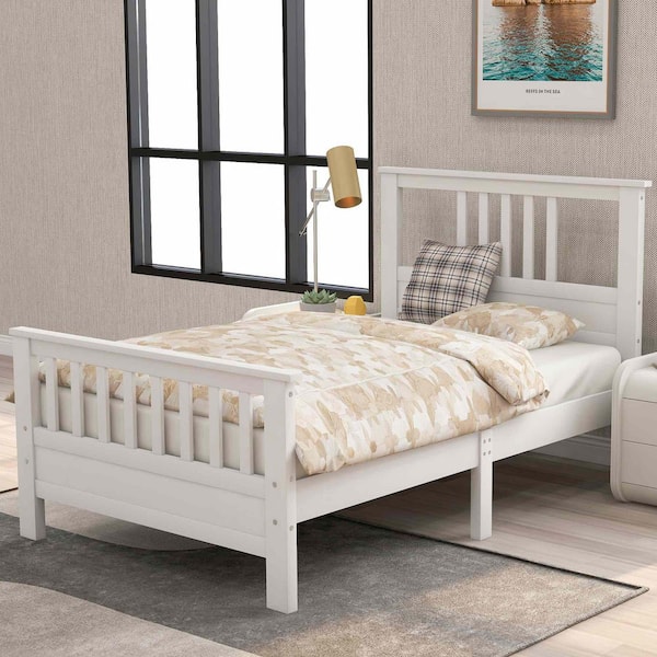 White Wood Frame Twin Size Platform Bed with Headboard and Footboard