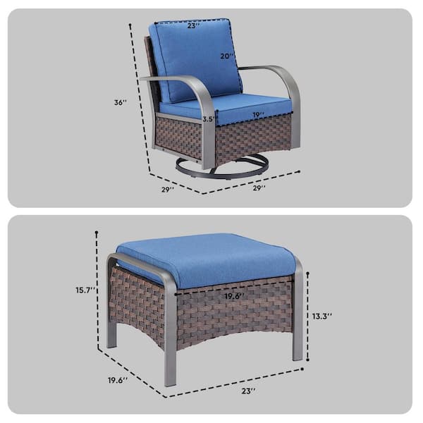 4-Piece Brown Wicker Outdoor Swivel Glider with Blue Cushions and Matching Ottomans Rocking Chairs for Patio or Garden