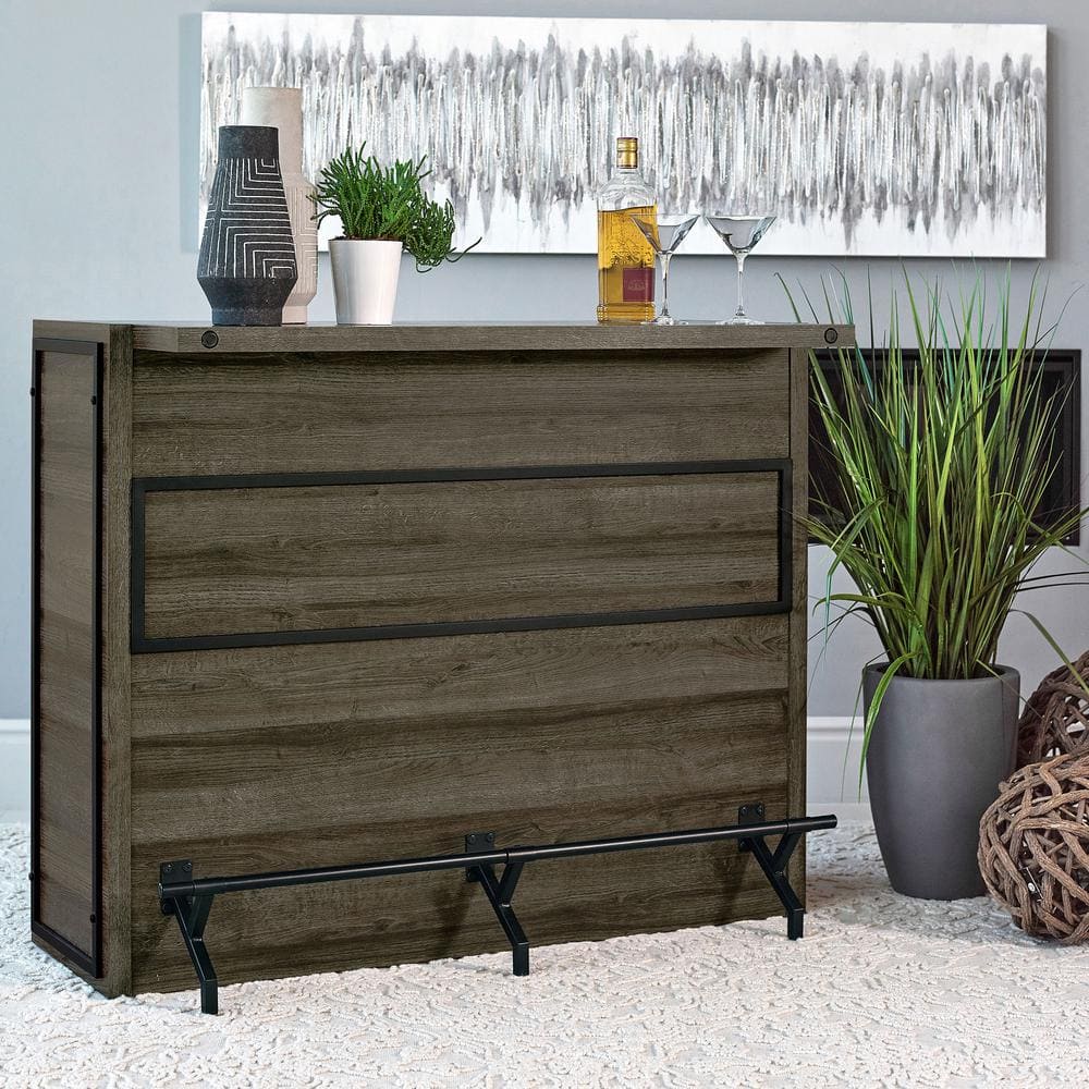 Rustic Aged Oak 5-Shelf Home Bar Unit with Metal Footrest