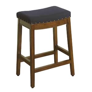 Blake 26 in. Blue Linen Blend with Nailheads Backless Wood Counter Height Barstool