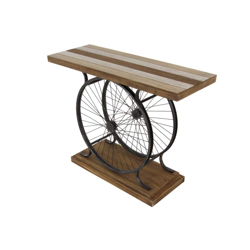 Industrial Brown Wood and Metal Wheel Console Table with Storage