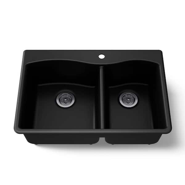 Kennon 33 in. Drop-in 60/40 Double Bowl Neoroc Granite Composite 1-Hole Kitchen Sink in Matte Black