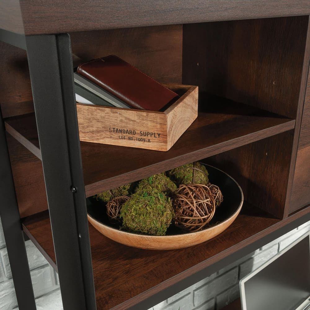 Barrel Oak and Black Metal Computer Desk Hutch with Shelves