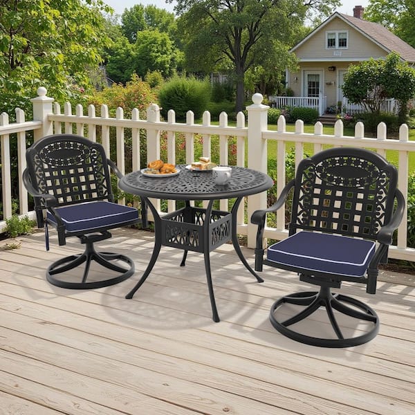 3-Piece Black Cast Aluminum Patio Outdoor Dining Set with Round Table and 2 Swivel Chairs with Blue Cushions