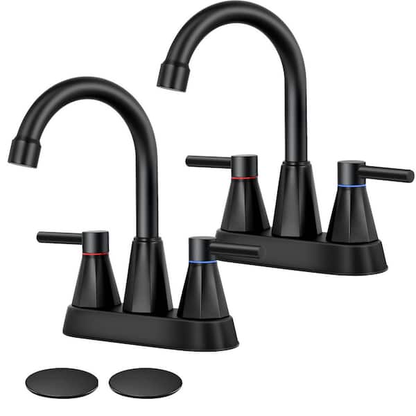 4 in. Centerset Double Handle High Arc Bathroom Faucet with Pop up Drain Kit Included in Matte Black(2-Pack)