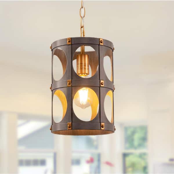 YANSUN 1-Light Farmhouse Black and Wood Chandelier, Metal Cage Pendant Light for Kitchen Island, Hallway, Bedroom