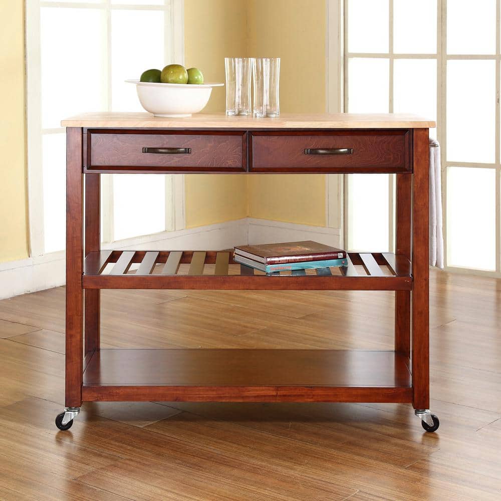 Natural Wood Top Mobile Kitchen Cart with Storage and Wine Rack