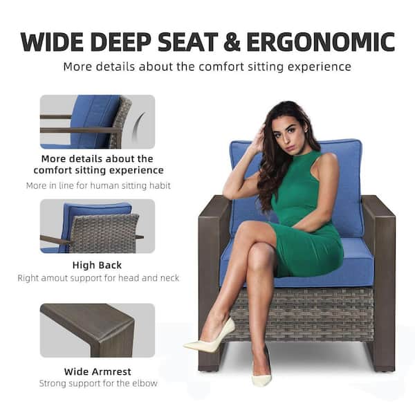 Cube Edge Porch Gray Wicker Outdoor Lounge Chair with Olefin Blue Cushions and 4 in. Wide Armrest (4-Piece)