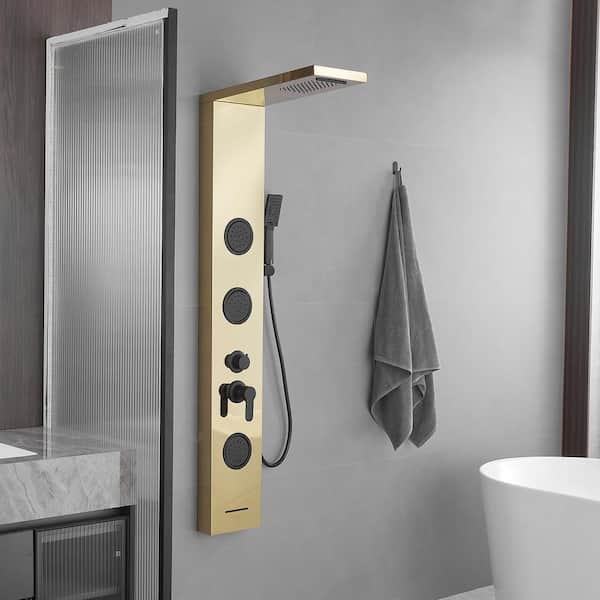 Dual 4-in-1 3-Jet Rainfall Shower Panel System with Rainfall Shower Head and Shower Wand in Black Gold